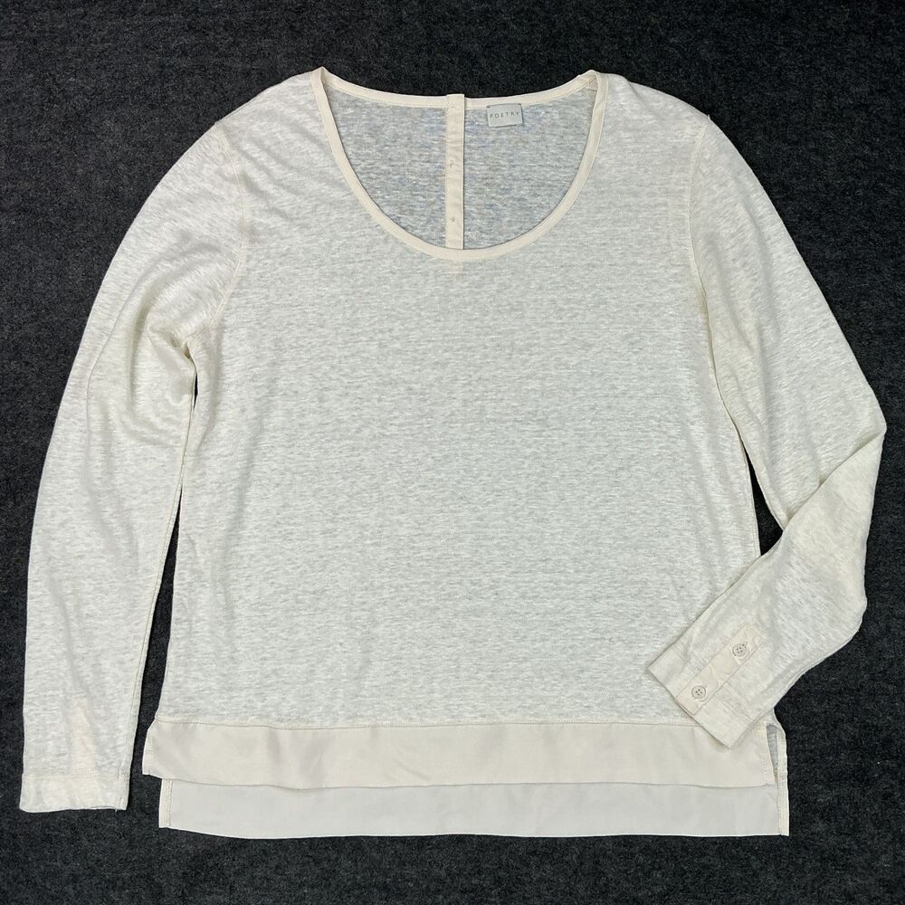 Poetry Linen Tunic Top sz 8 Cream Silk Trim Long Sleeve Hi-Low  Slub Lightweight